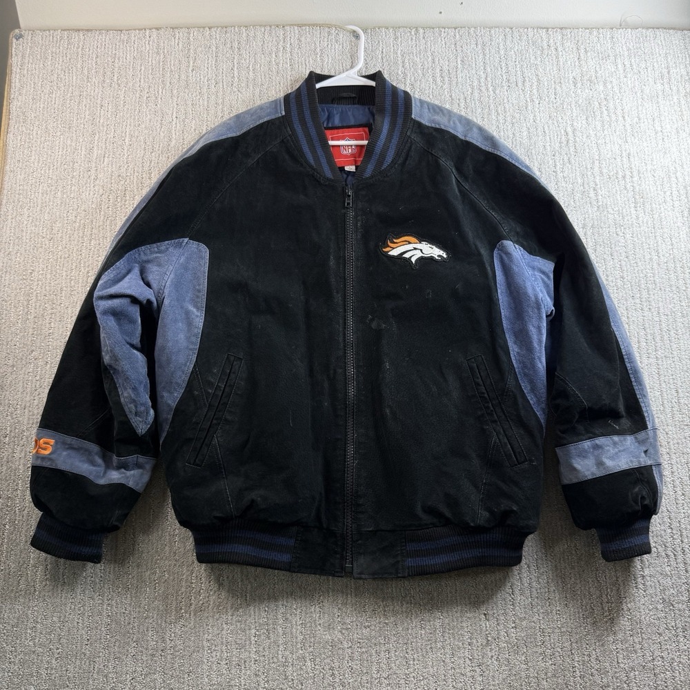 Vintage Denver Broncos Suede Leather Bomber Jacket Men's Size Large Black Blue